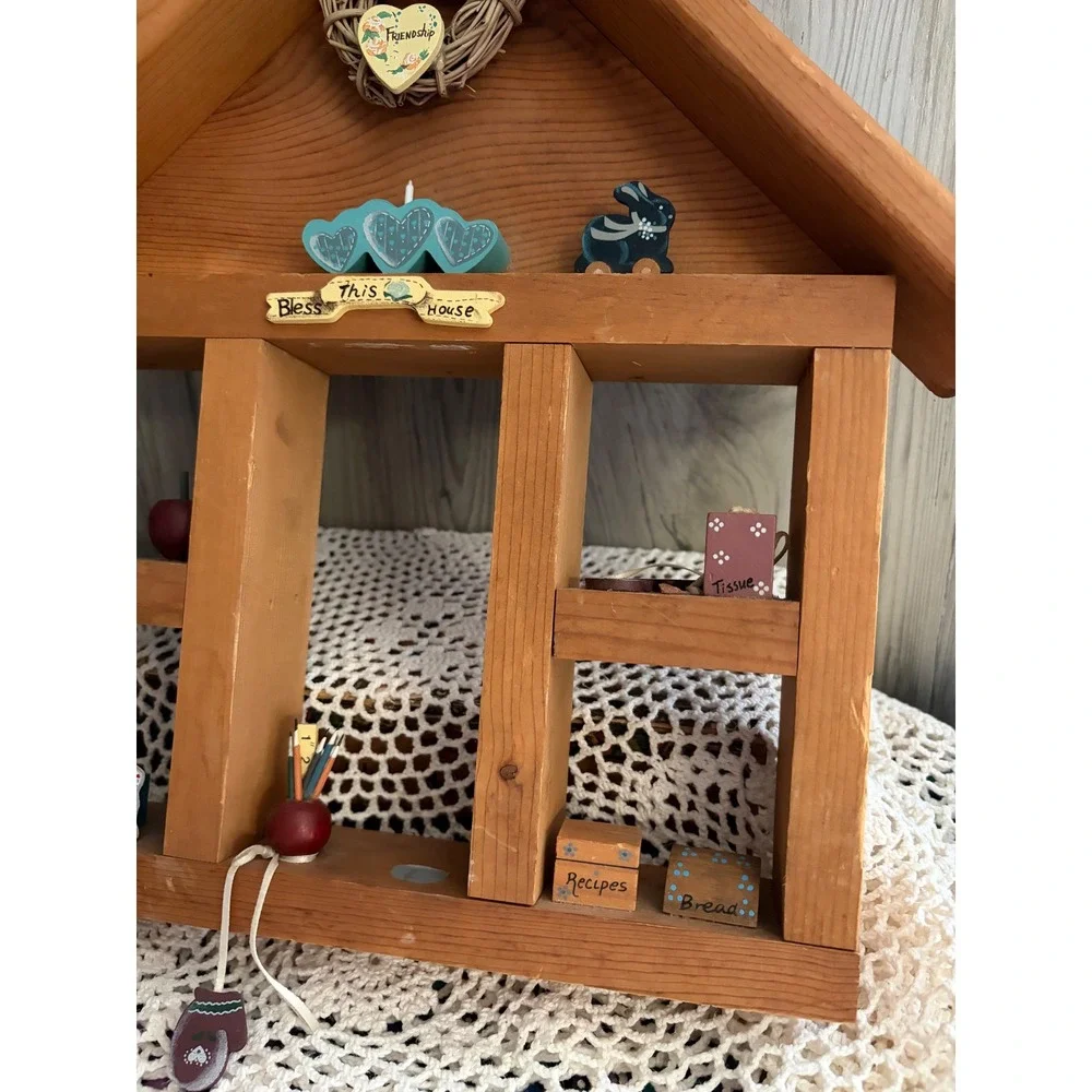 Vintage Wooden House Shadow Box Wall Shelf Country Farmhouse Decor Miniatures